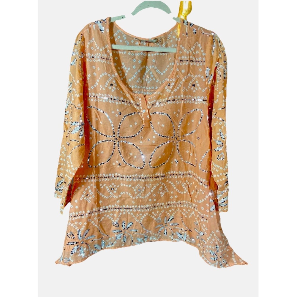 Soft Surroundings Womens Tunic Top Large Orange‎ Sequin Long Sleeve Lightweight